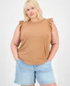 Democracy Plus Trendy Ruffle Cap-sleeve Top In Brown
