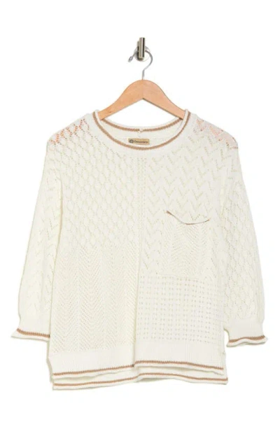 Democracy Pointelle Tipped Sweater In Off White/ Vintage Walnut