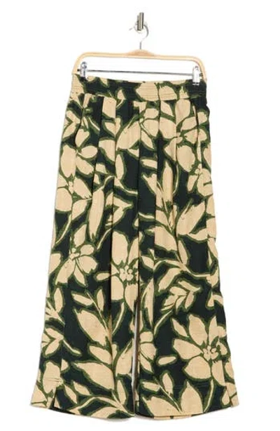 Democracy Print Wide Leg Pants In Hunter Green/ecru Multi