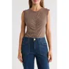Democracy Ruched Rib Mixed Media Knit Top In Brown