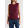 Democracy Ruched Rib Mixed Media Knit Top In Burgundy