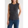 Democracy Ruched Rib Mixed Media Knit Top In Gray
