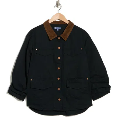 Democracy Ruched Sleeve Cotton Shirt Jacket In Black