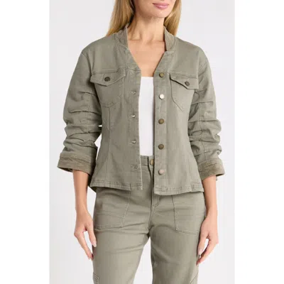Democracy Ruched Sleeve Denim & Corduroy Jacket In Laurel Oak