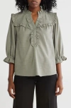 Democracy Ruffle Yoke Three-quarter Sleeve Shirt In Deep Seagrass