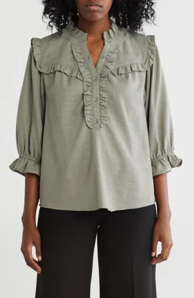 Democracy Ruffle Yoke Three-quarter Sleeve Shirt In Deep Seagrass