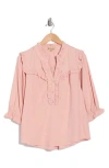 Democracy Ruffle Yoke Three-quarter Sleeve Shirt In Rose Bloom