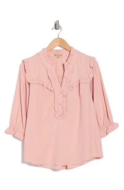 Democracy Ruffle Yoke Three-quarter Sleeve Shirt In Rose Bloom