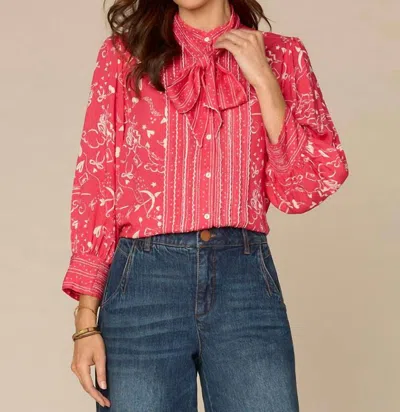 Democracy Scallop Edge Tipping Woven Shirt In Cherry/ivory In Pink