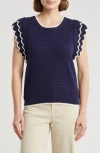 Democracy Scalloped Cap Sleeve Sweater In Blue