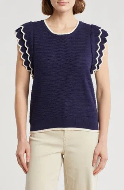Democracy Scalloped Cap Sleeve Sweater In Blue