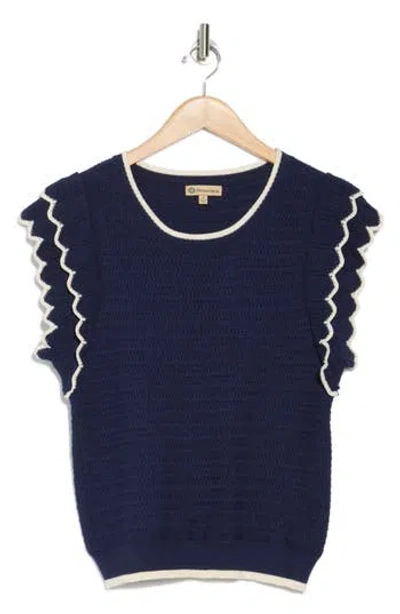Democracy Scalloped Cap Sleeve Sweater In Navy/natural