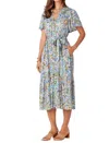 Democracy Short Bell Sleeve Printed Woven Dress In Blue Floral