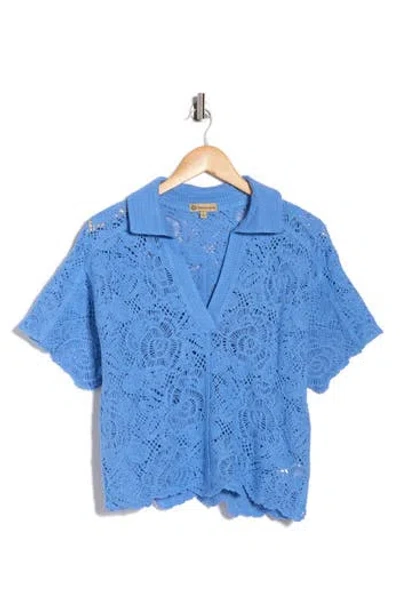 Democracy Short Sleeve Open Stitch Polo In Blue