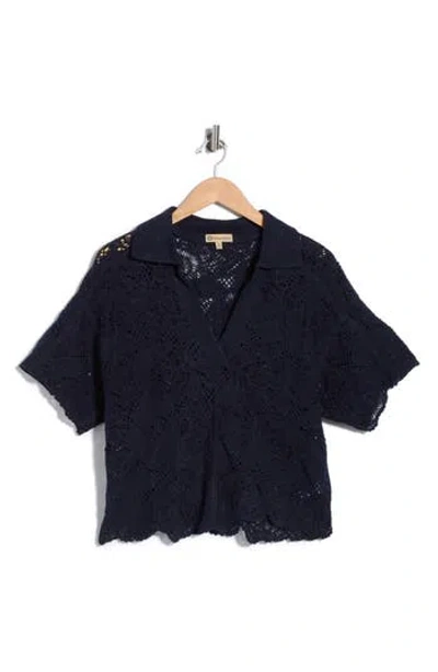 Democracy Short Sleeve Open Stitch Polo In Blue