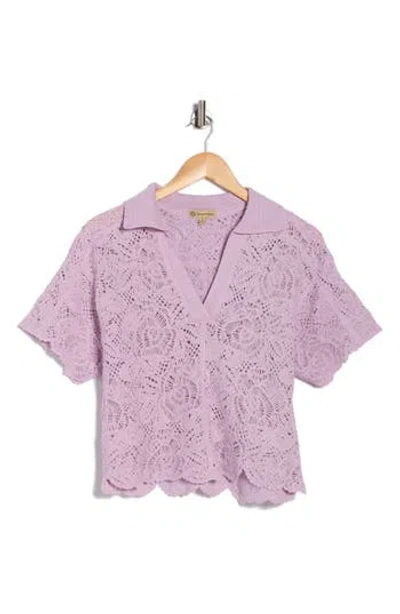 Democracy Short Sleeve Open Stitch Polo In Purple