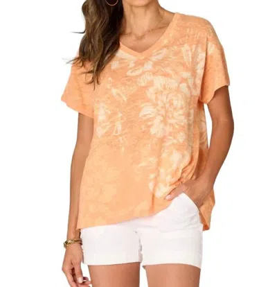 Democracy Short Sleeve V-neck Tee Floral Print Knit Shirt In Golden