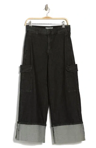 Democracy Skyrise Cuffed Wide Leg Cargo Jeans In Washed Black Artisinal