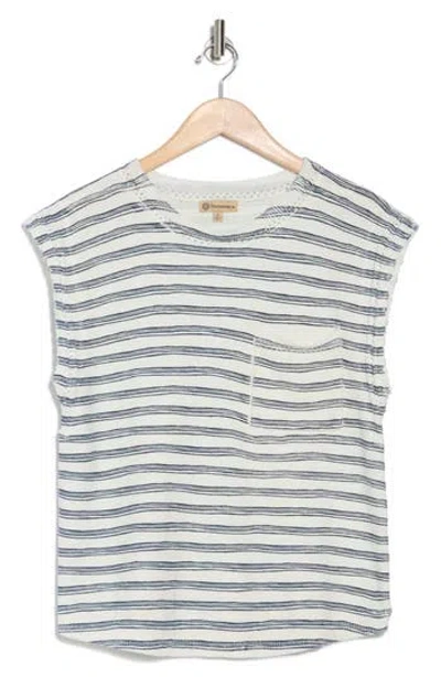 Democracy Stripe Cap Sleeve Pocket Sweater In Off White/navy