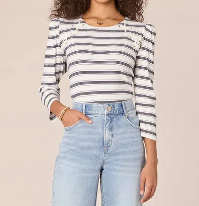 Democracy Stripe Lace Up Detail T-shirt In Off White / Navy In Multi