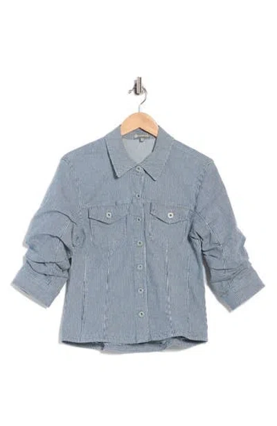 Democracy Stripe Ruched Sleeve Shirt Jacket In Blue