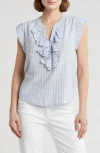 Democracy Stripe Ruffle Front Cap Sleeve Poplin Top In Blue