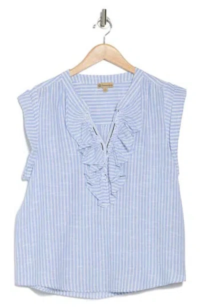 Democracy Stripe Ruffle Front Cap Sleeve Poplin Top In Navy/off White