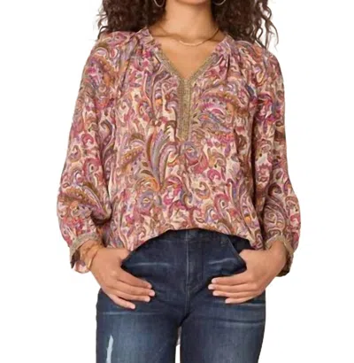 Democracy Three Quarter Blouson Printed Woven Top In Sage-berry