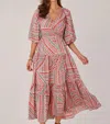 Democracy Three Quarter Bubble Sleeve V-neck Printed Three Tiered Woven Dress In Blooming Orchid Multi In Multi