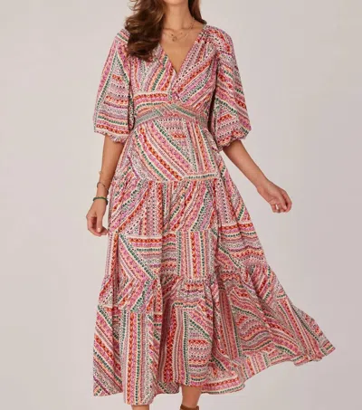 Democracy Three Quarter Bubble Sleeve V-neck Printed Three Tiered Woven Dress In Blooming Orchid Multi