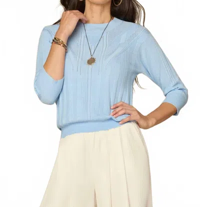 Democracy Three Quarter Sleeve Novelty Stitch Mix Pull Over Sweater In Airy Blue