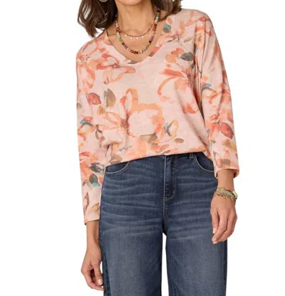 Democracy Three Quarter Sleeve Rounded V-neck Floral Printed Knit Top In Honey Guava Multi