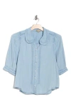 Democracy Three-quarter Sleeve Ruffle Button-up Shirt In Blue