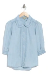 Democracy Three-quarter Sleeve Ruffle Button-up Shirt In Blue