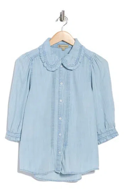 Democracy Three-quarter Sleeve Ruffle Button-up Shirt In Blue