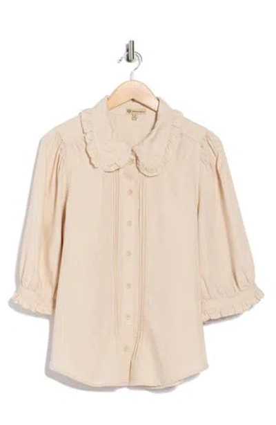 Democracy Three-quarter Sleeve Ruffle Button-up Shirt In Brown
