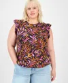 Democracy Trendy Plus Double Ruffle Cap-sleeve Top In Multi