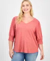 Democracy Trendy Plus Elbow-sleeve Smocked-cuff Blouse In Pink