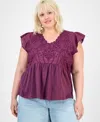 Democracy Trendy Plus Embroidered Flutter Sleeve Blouse In Purple