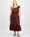 Democracy Trendy Plus Flutter-sleeve Tiered Midi Dress In Brown