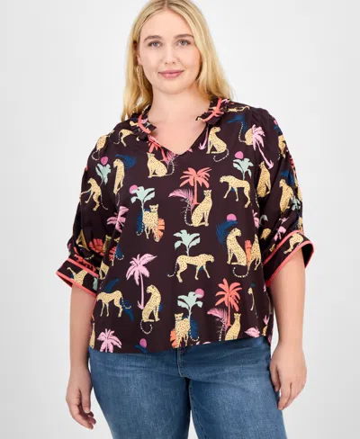 Democracy Trendy Plus Printed Elbow-sleeve Split-neck Top In Brown
