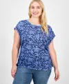 Democracy Trendy Plus Printed Side-shirred Cap-sleeve Top In Blue