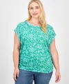 Democracy Trendy Plus Printed Side-shirred Cap-sleeve Top In Green