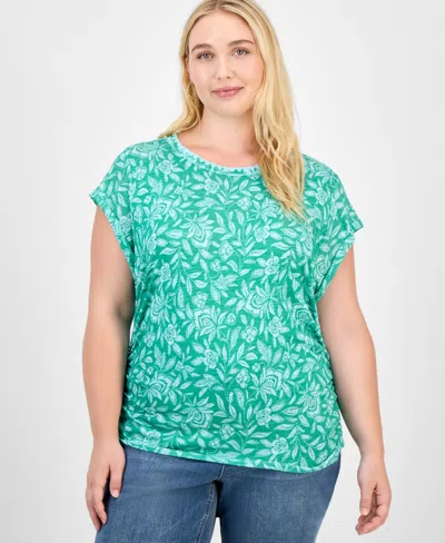 DEMOCRACY TRENDY PLUS PRINTED SIDE-SHIRRED CAP-SLEEVE TOP