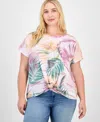 Democracy Trendy Plus Printed Twist-front Short-sleeve Top In Multi