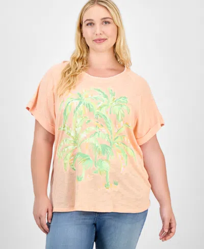 Democracy Trendy Plus Short-sleeve Rolled-cuff Graphic Tee In Orange