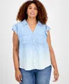Democracy Trendy Plus Size Collared Flutter-sleeve Top In Blue