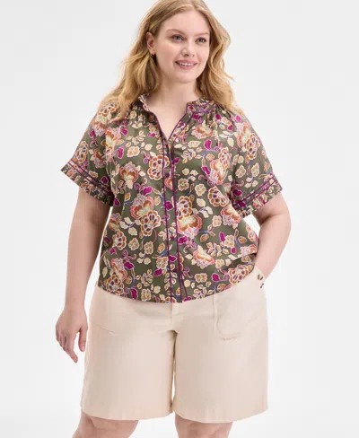 Democracy Trendy Plus Size Pleated Collar Piping-trim Shirt
