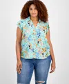 Democracy Trendy Plus Size Printed Flutter-sleeve Top In Blue