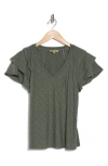 Democracy Triple Ruffle Sleeve Pointelle T-shirt In Heather Olive
